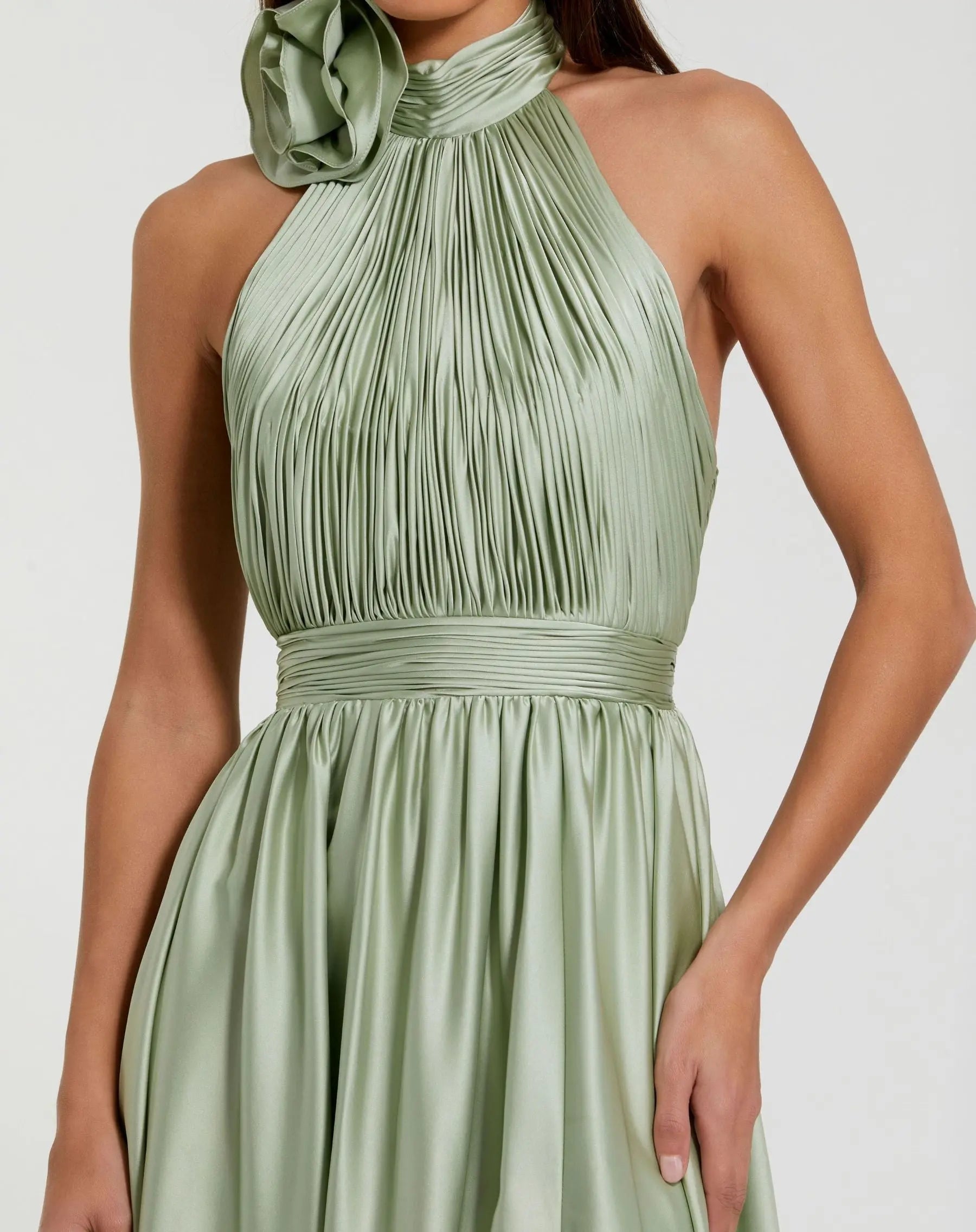 Green Soft Tie Halter Neck High Slit Gown