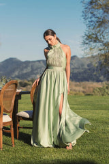 Green Soft Tie Halter Neck High Slit Gown