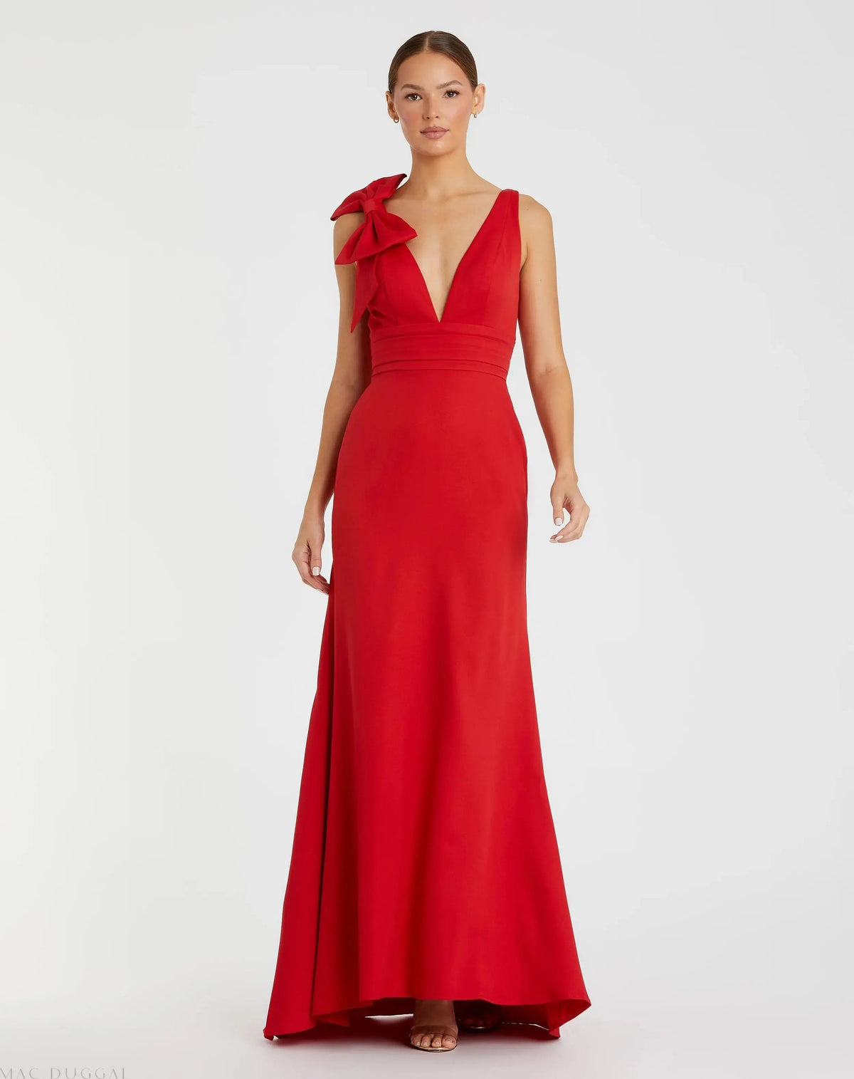 Red Sleeveless V Neck Bow Detail Mermaid Gown