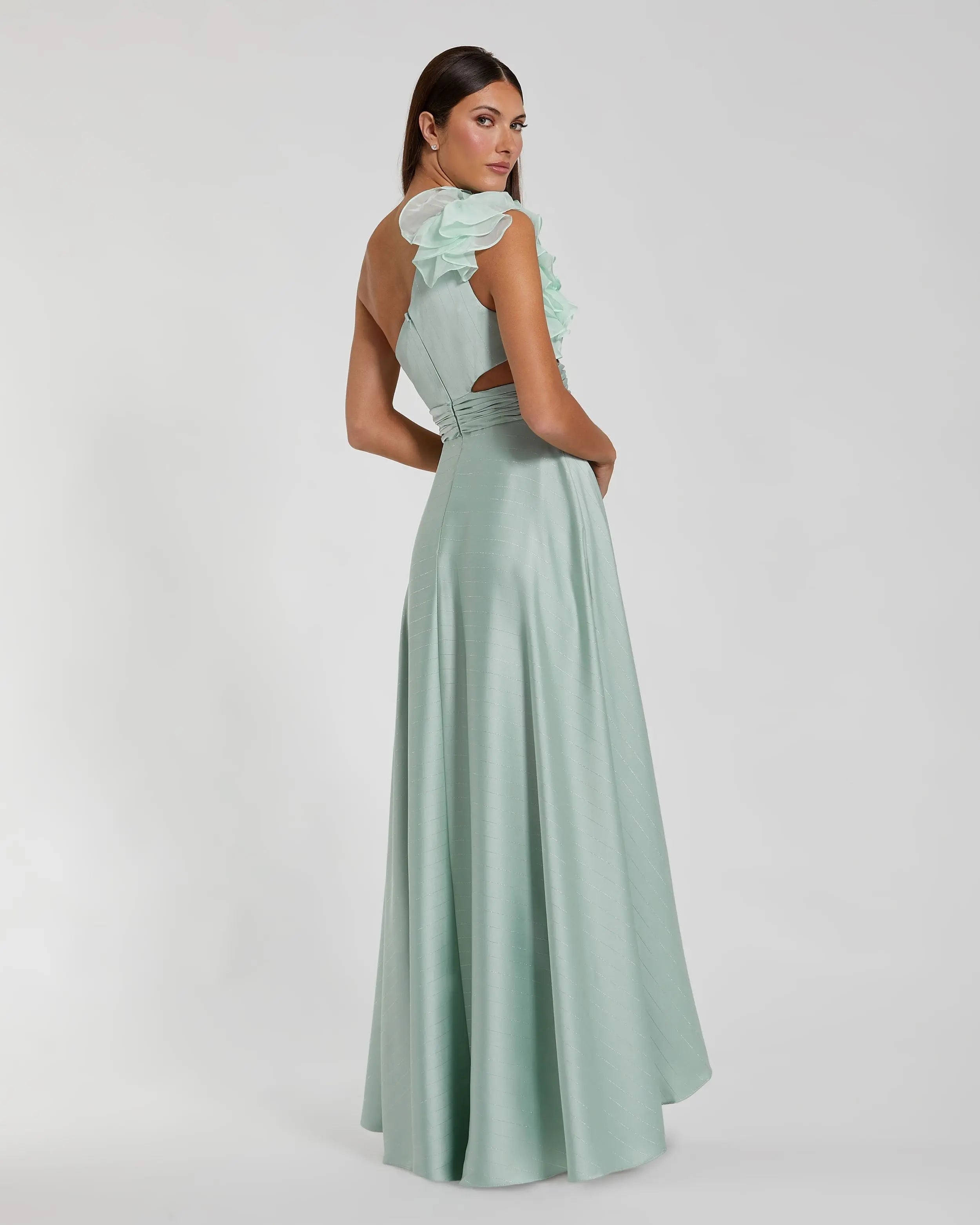 Green Ruffled One Shoulder Cut Out Hi-Low Gown