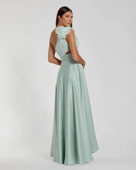 Green Ruffled One Shoulder Cut Out Hi-Low Gown