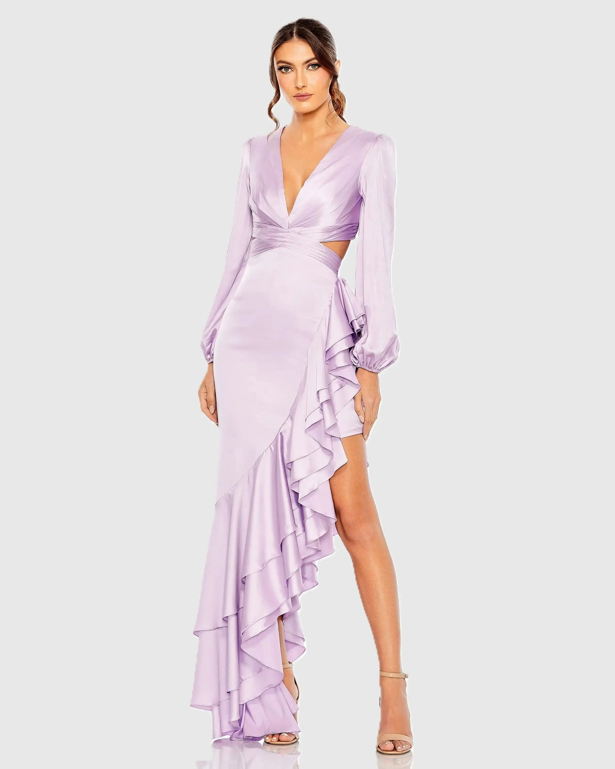 Purple Cut Out Asymmetrical Ruffled Gown