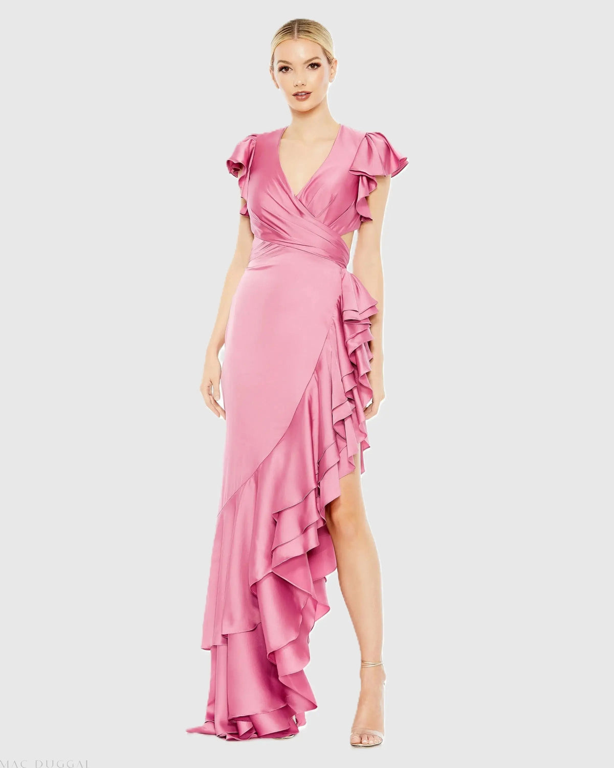 Flutter Sleeve Cut Out Asymmetrical Ruffled Gown