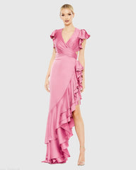 Flutter Sleeve Cut Out Asymmetrical Ruffled Gown