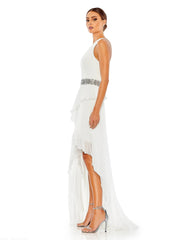 White Pleated One Shoulder Asymmetrical Ruffle Hem Gown