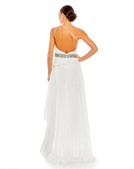 White Pleated One Shoulder Asymmetrical Ruffle Hem Gown