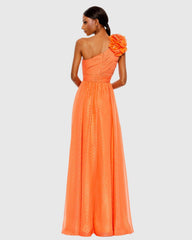 Orange Polka Dot Ruffled One Shoulder Gown