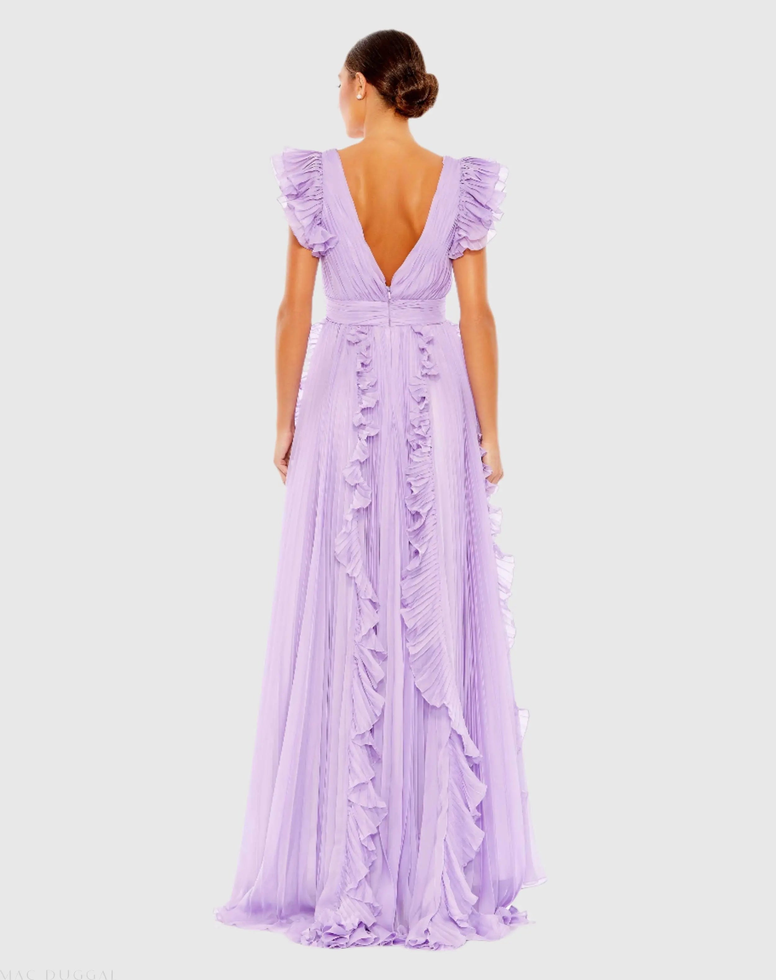 Purple Pleated Ruffle Cap Sleeve Flowy A Line Gown