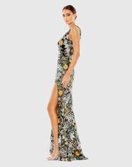 Black Floral Sequined Embroidered One Shoulder Trumpet Gown