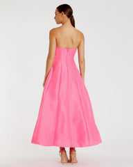 Pink Strapless A-Line Tea Length Statement Bow Dress