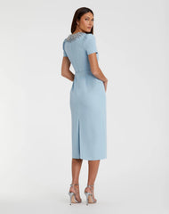 Blue Short Sleeve Rhinestone Neckline Sheath Dress