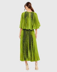 Green Pleated Caplet Tea-length Dress