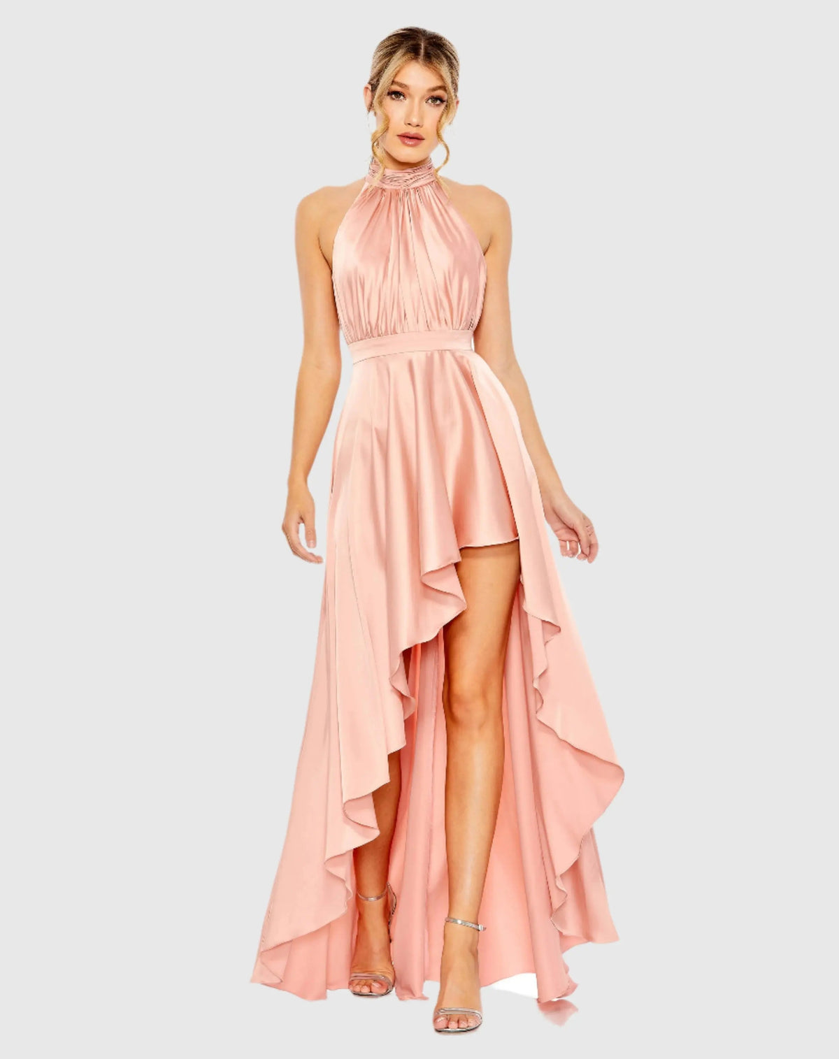 Pink High Neck Satin High Low Gown