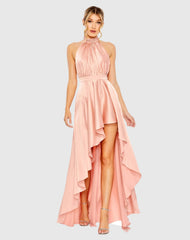 Pink High Neck Satin High Low Gown