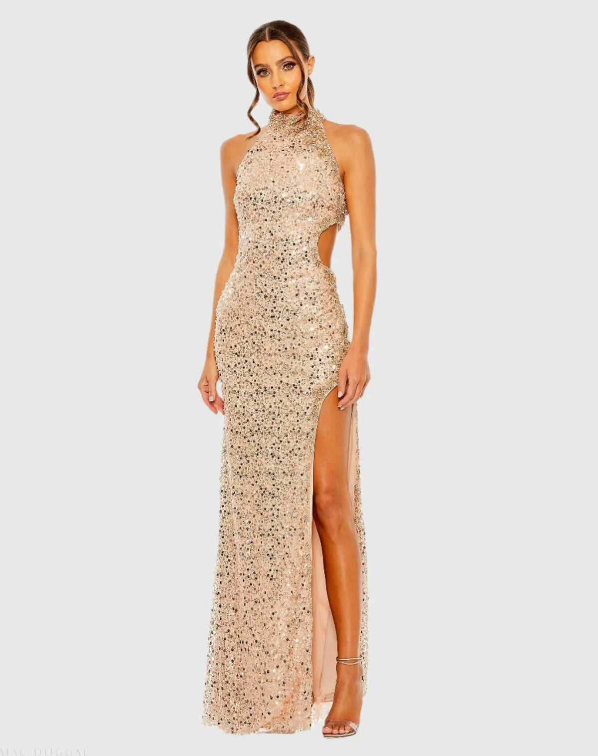 Gold Side Cut Out High Neck Sequin Gown