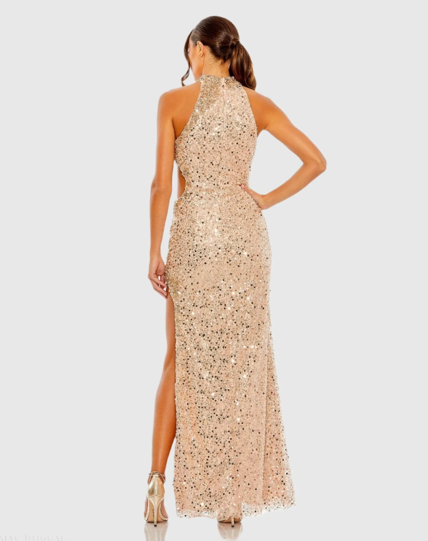 Gold Side Cut Out High Neck Sequin Gown
