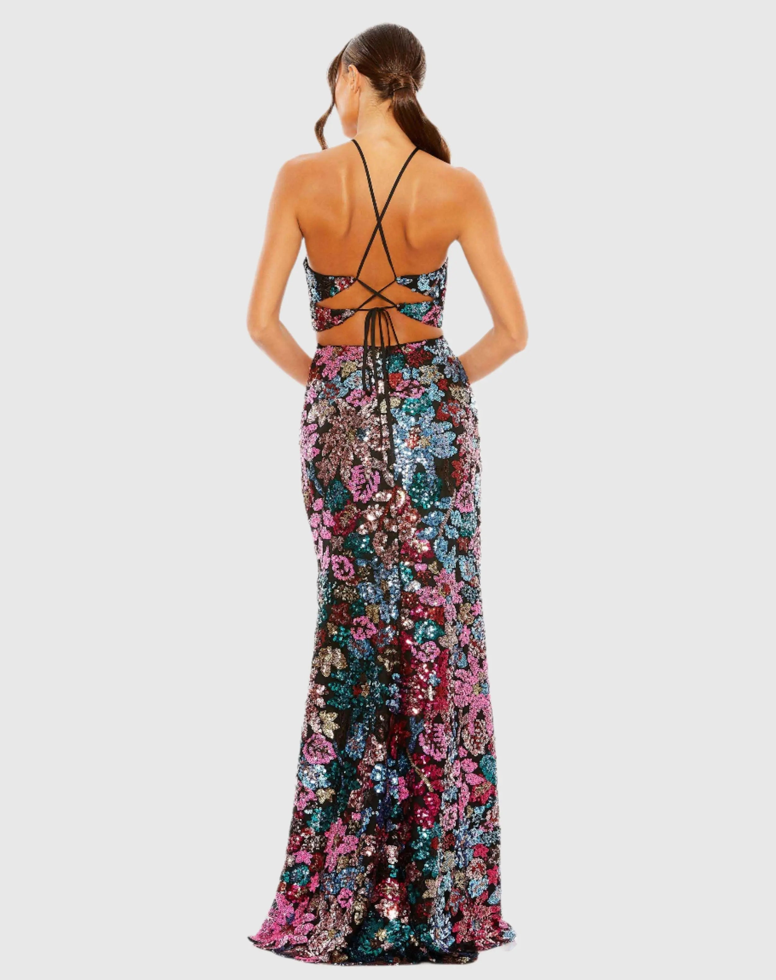 Black Sequin Embellished Cross Neck Gown