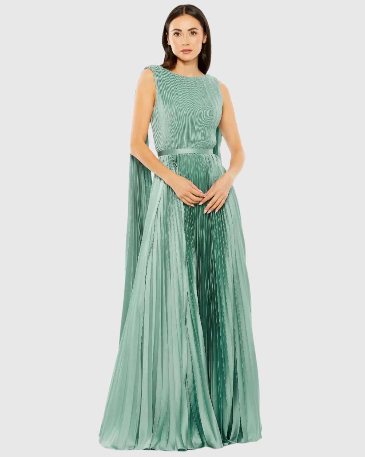 Green Sleeveless High Neck Cape Back Heat Pleated Gown