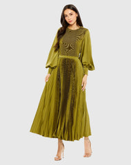 Green Long Sleeve High Neck Heat Pleated Dress