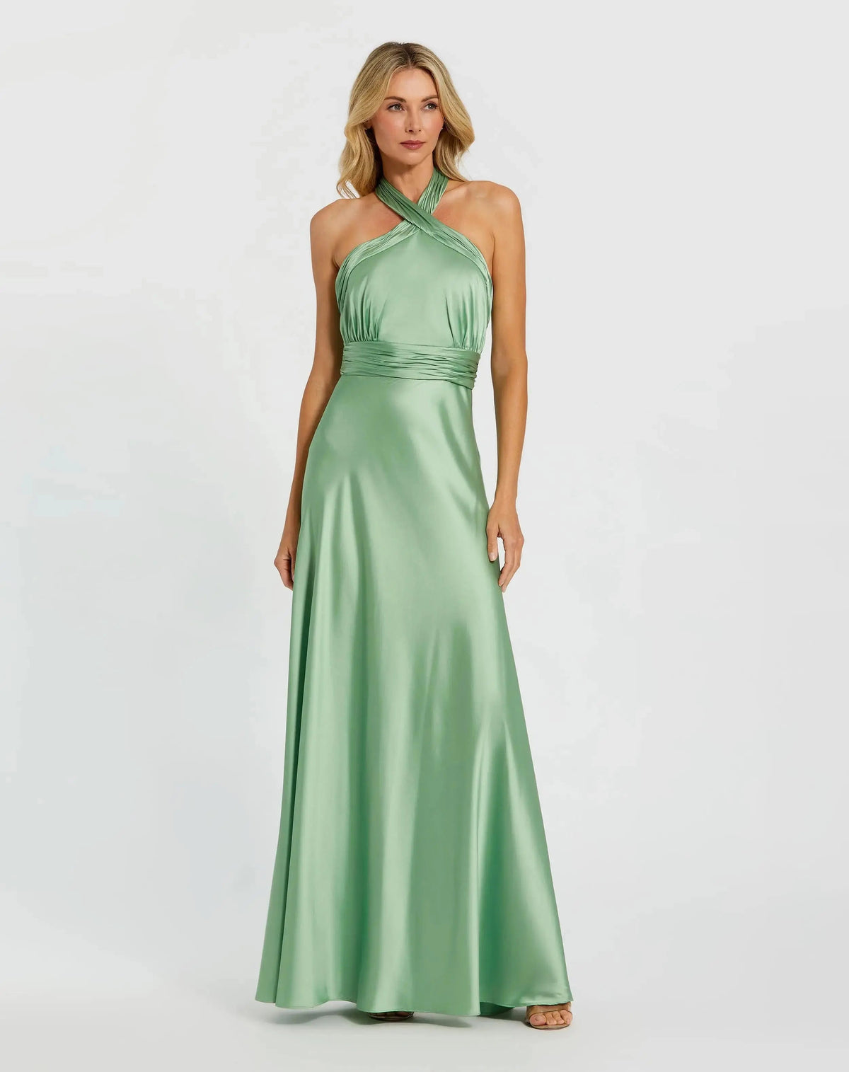 Ruched Halter Neck Tie Back Satin Gown