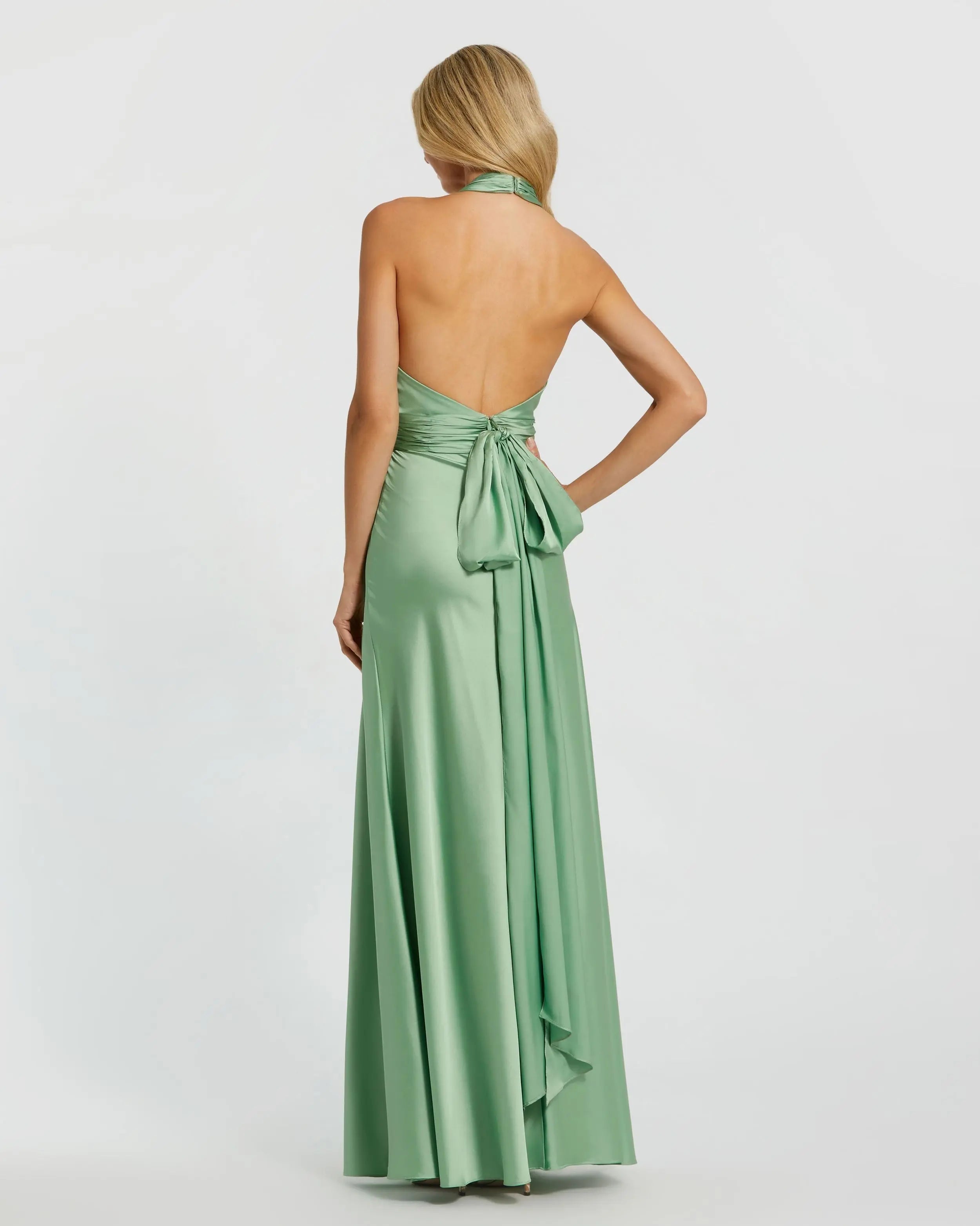 Green Ruched Halter Neck Tie Back Satin Gown