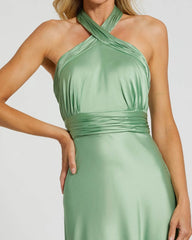 Green Ruched Halter Neck Tie Back Satin Gown