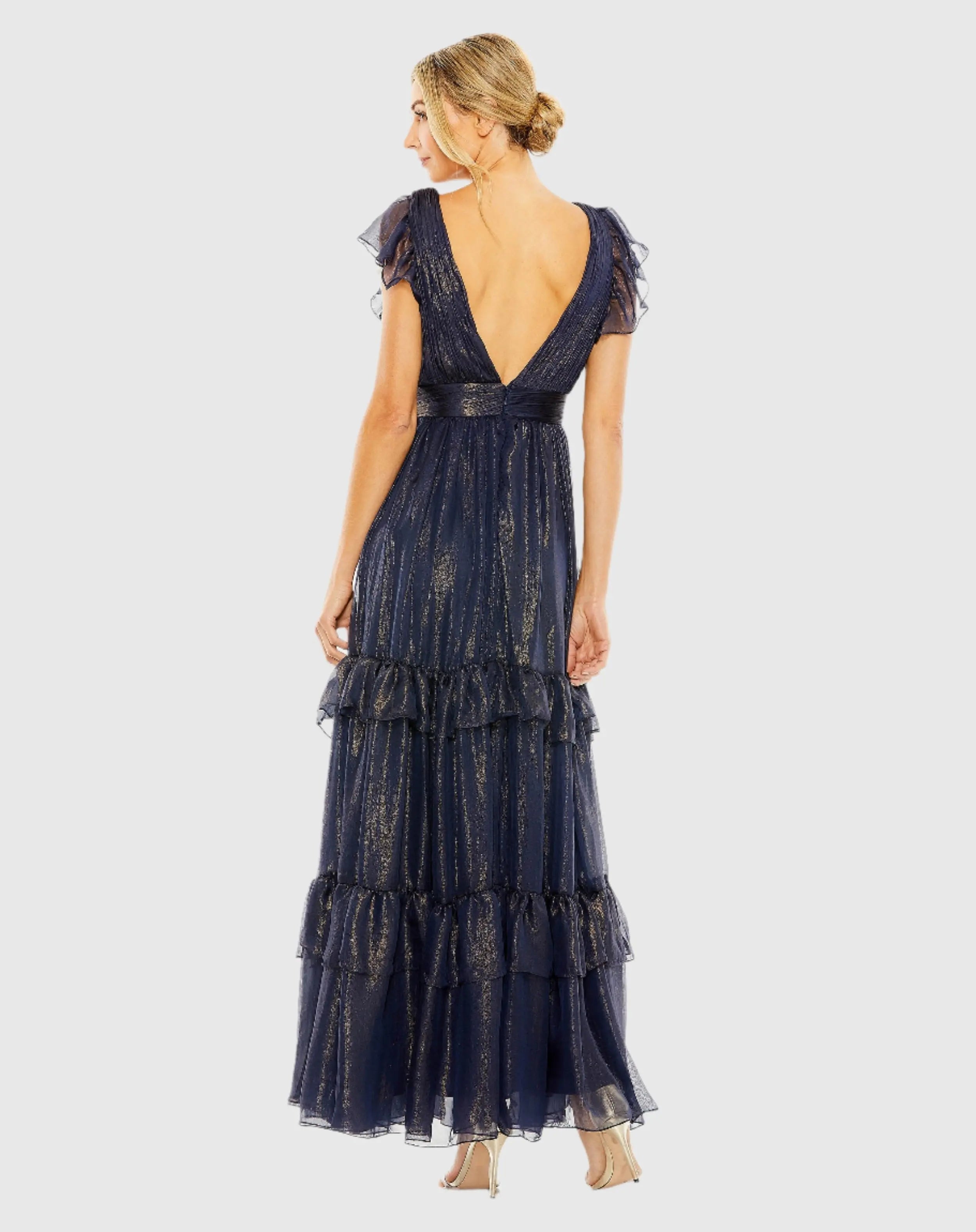 Navy Ruched Top Flutter Sleeve Deep V Gown