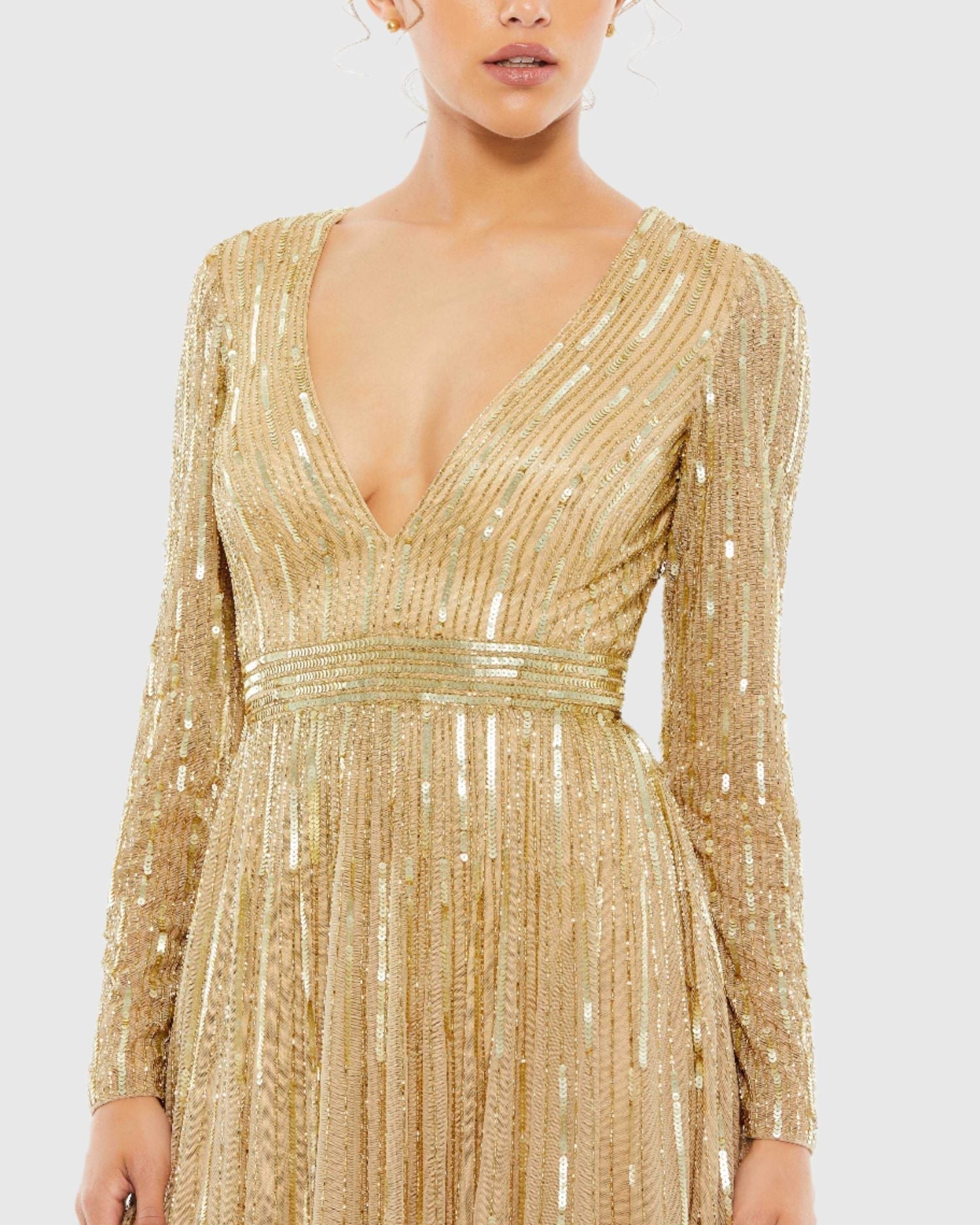 Gold Sequined V Neck Illusion Sleeve A Line Gown