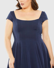 Navy Cap Sleeve Square Neck Ball Gown