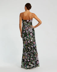 Black Multicolor Embroidered Bustier Trumpet Gown