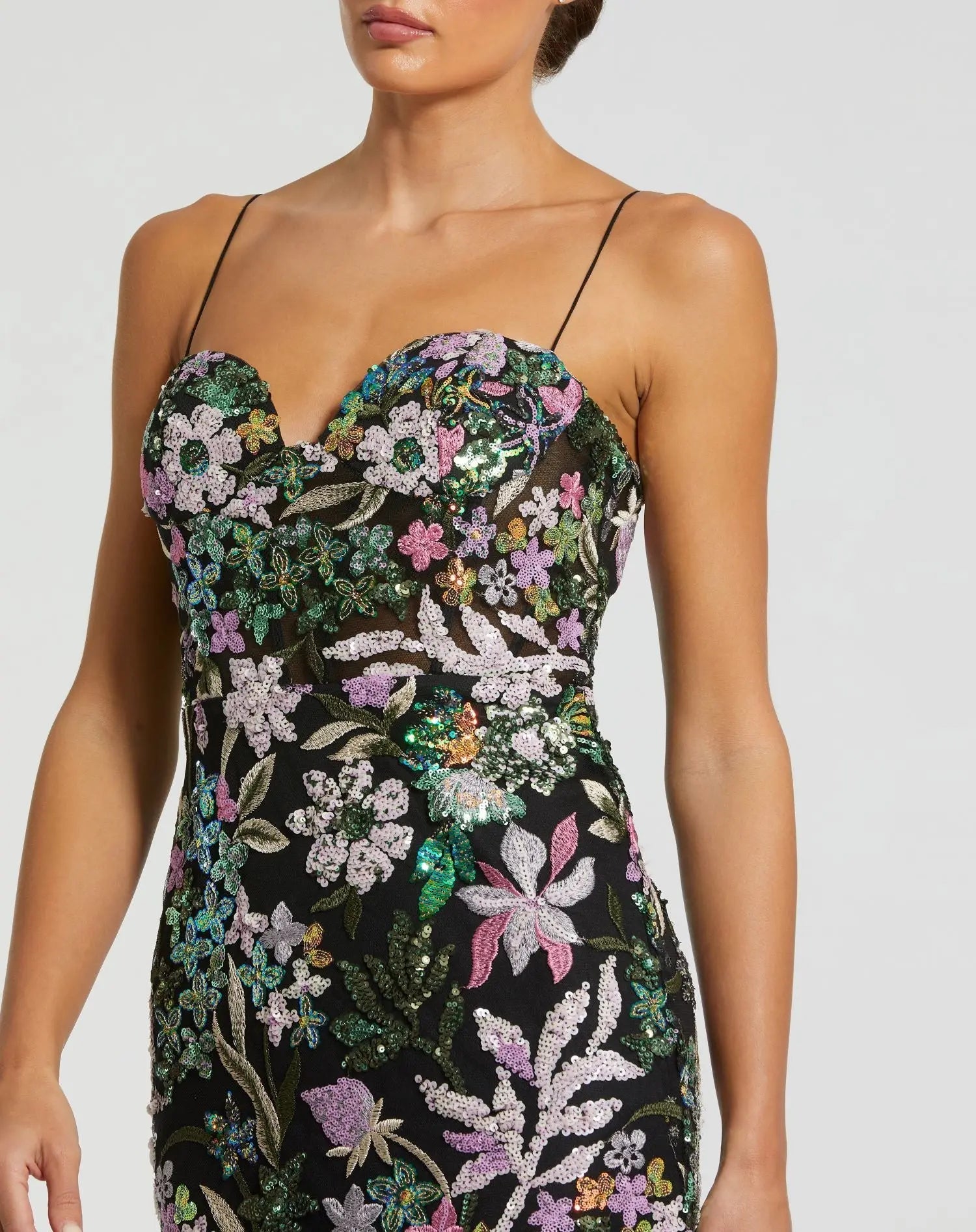 Black Multicolor Embroidered Bustier Trumpet Gown