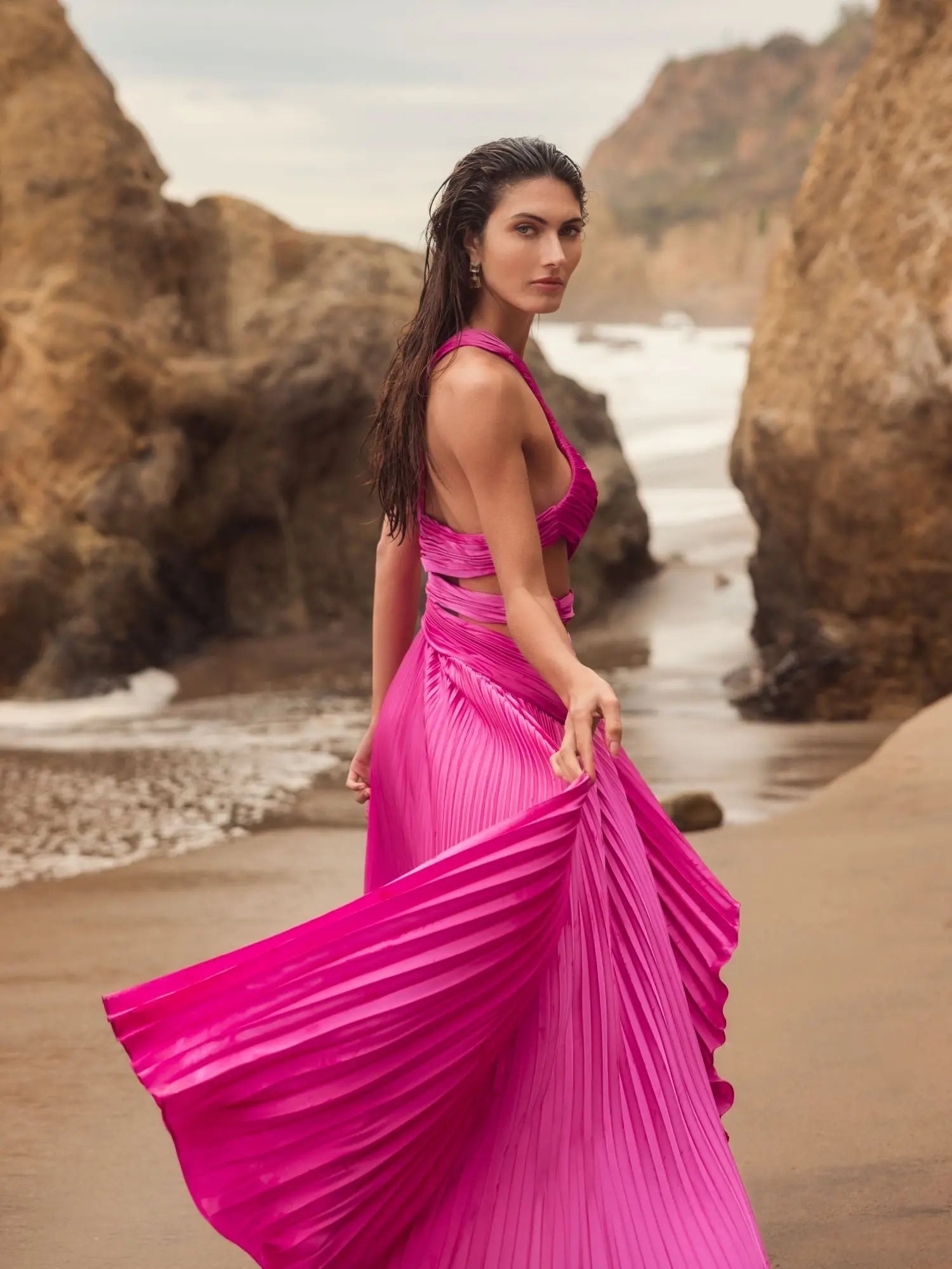 Purple One Shoulder Pleated Charmeuse Gown with Slit
