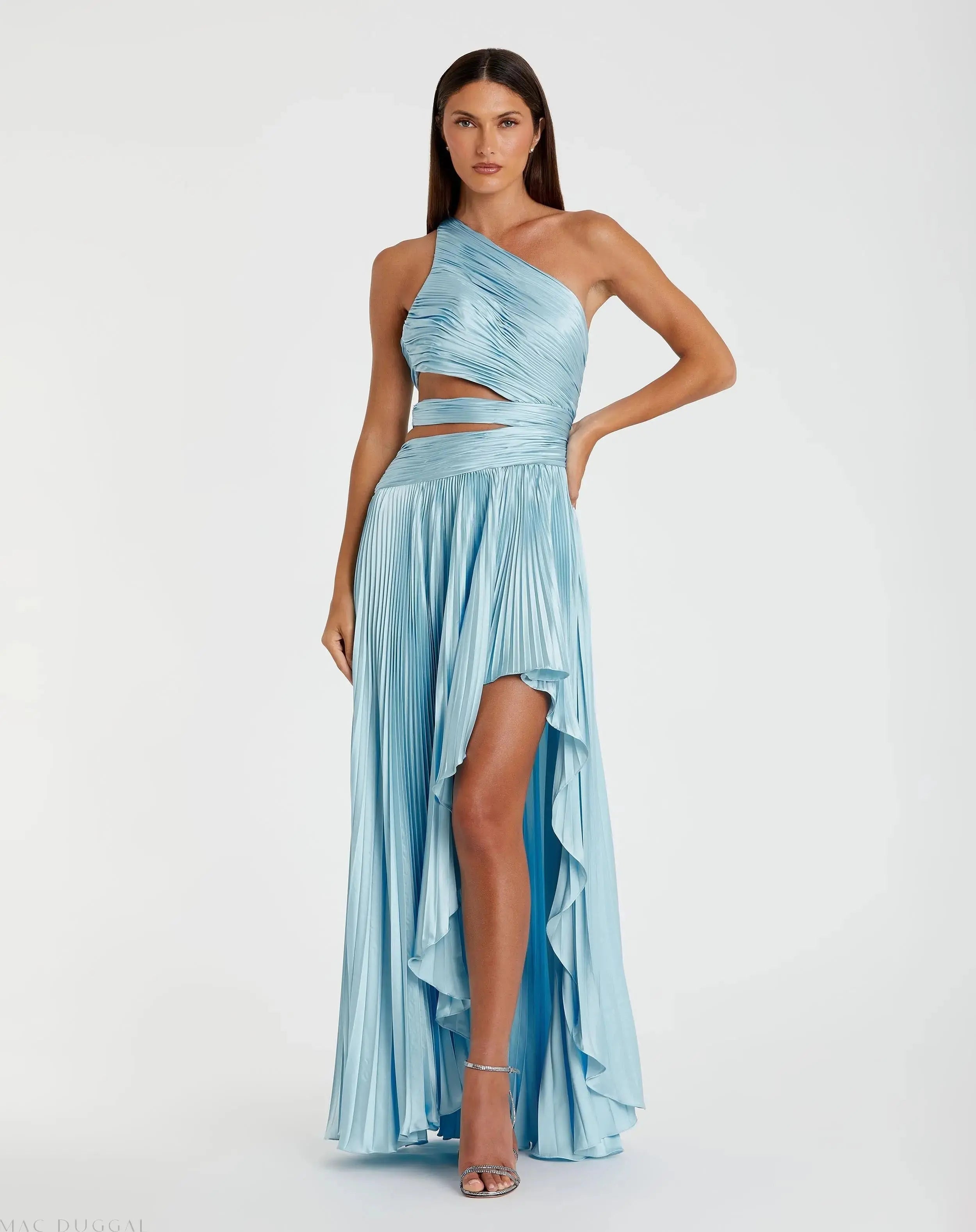 One Shoulder Pleated Charmeuse Gown with Slit