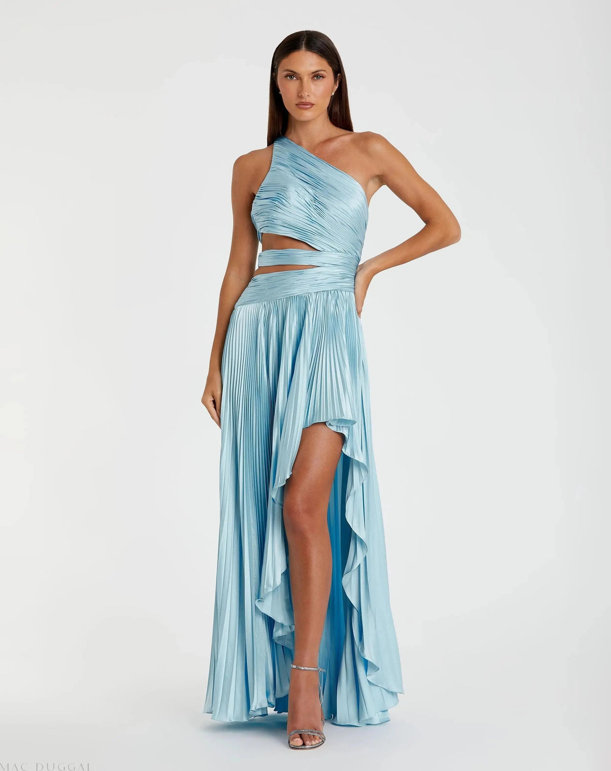 Blue One Shoulder Pleated Charmeuse High Low Gown