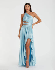Blue One Shoulder Pleated Charmeuse High Low Gown