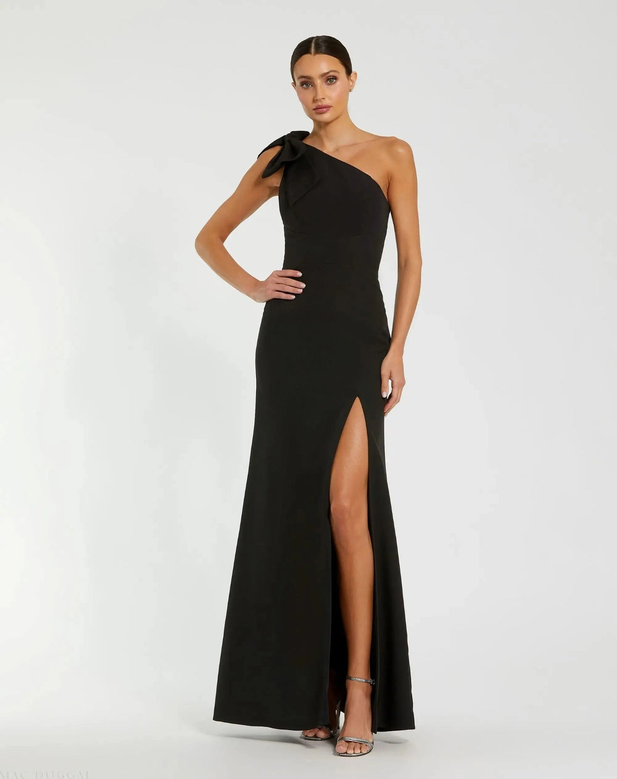 Black Crepe One Shoulder Fitted Evening Gown With Bow
