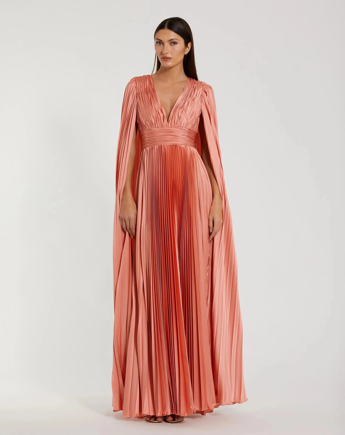 Pink Pleated Charmeuse V Neck Gown With Cape