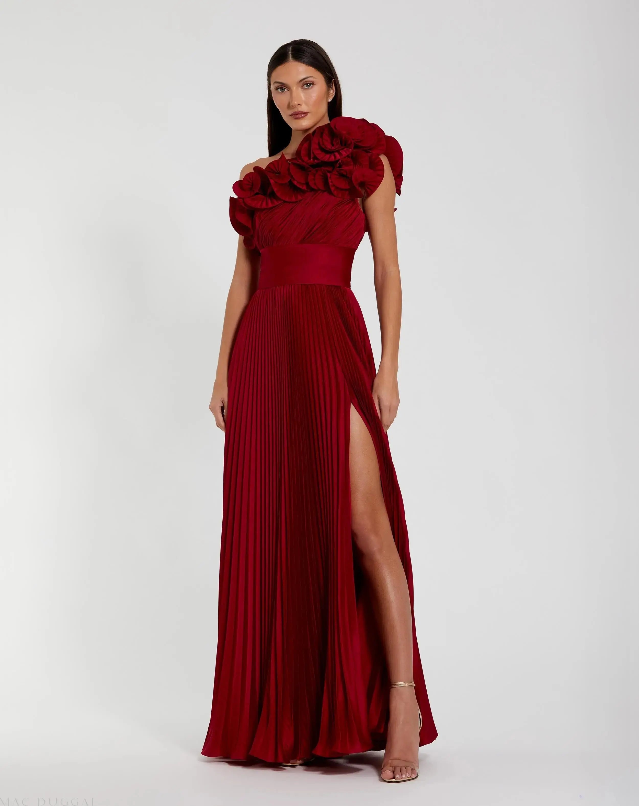 Pleated Charmeuse One-Shoulder Evening Gown with Ruffle Detail