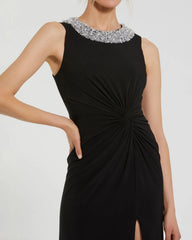 Black Jersey Sleeveless Beaded Neck Gown With Twist