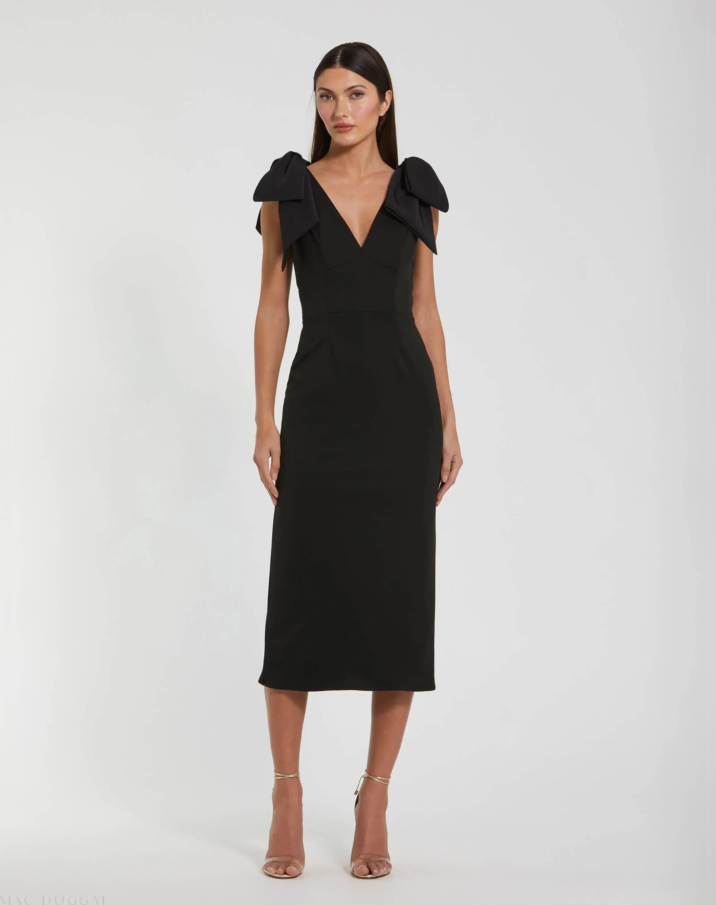 Bow Strap Crepe Fitted Midi Dress