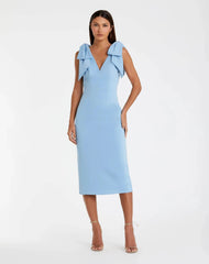 Blue Bow Strap Crepe Fitted Midi Dress