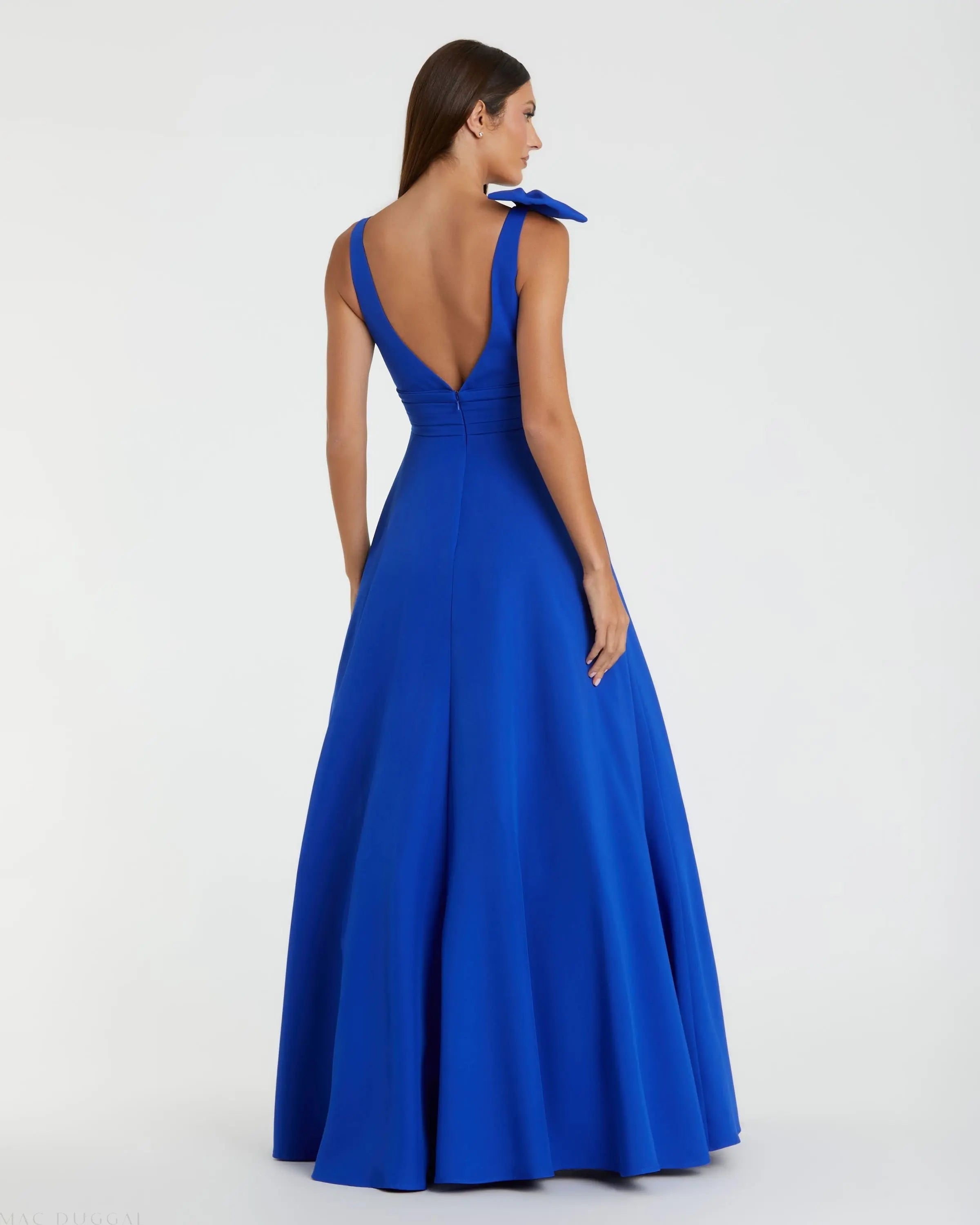 Blue Sleeveless Plunge Neck Crepe Ballgown With Bow Detail