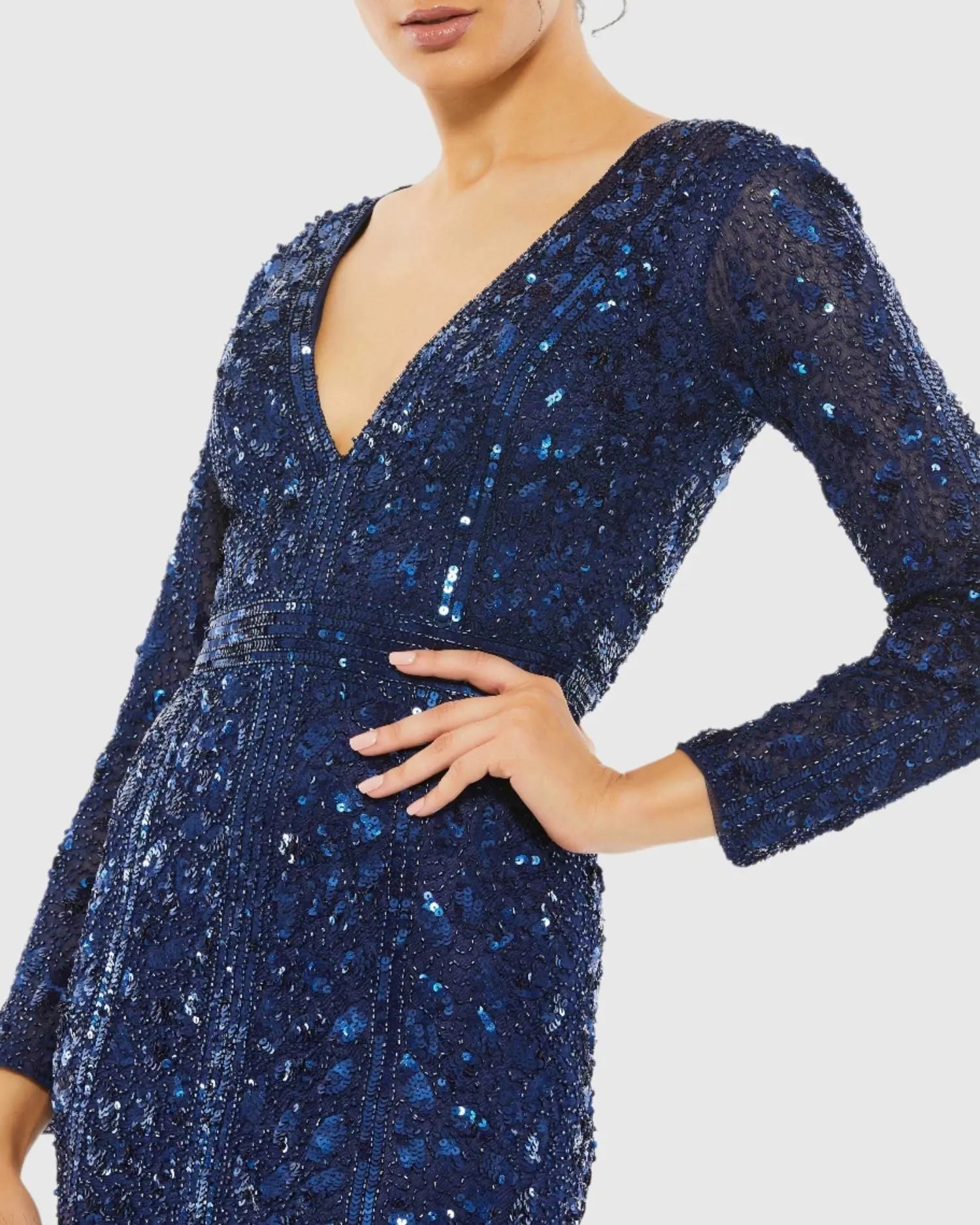 Navy Embellished Front Slit Long Sleeve Gown
