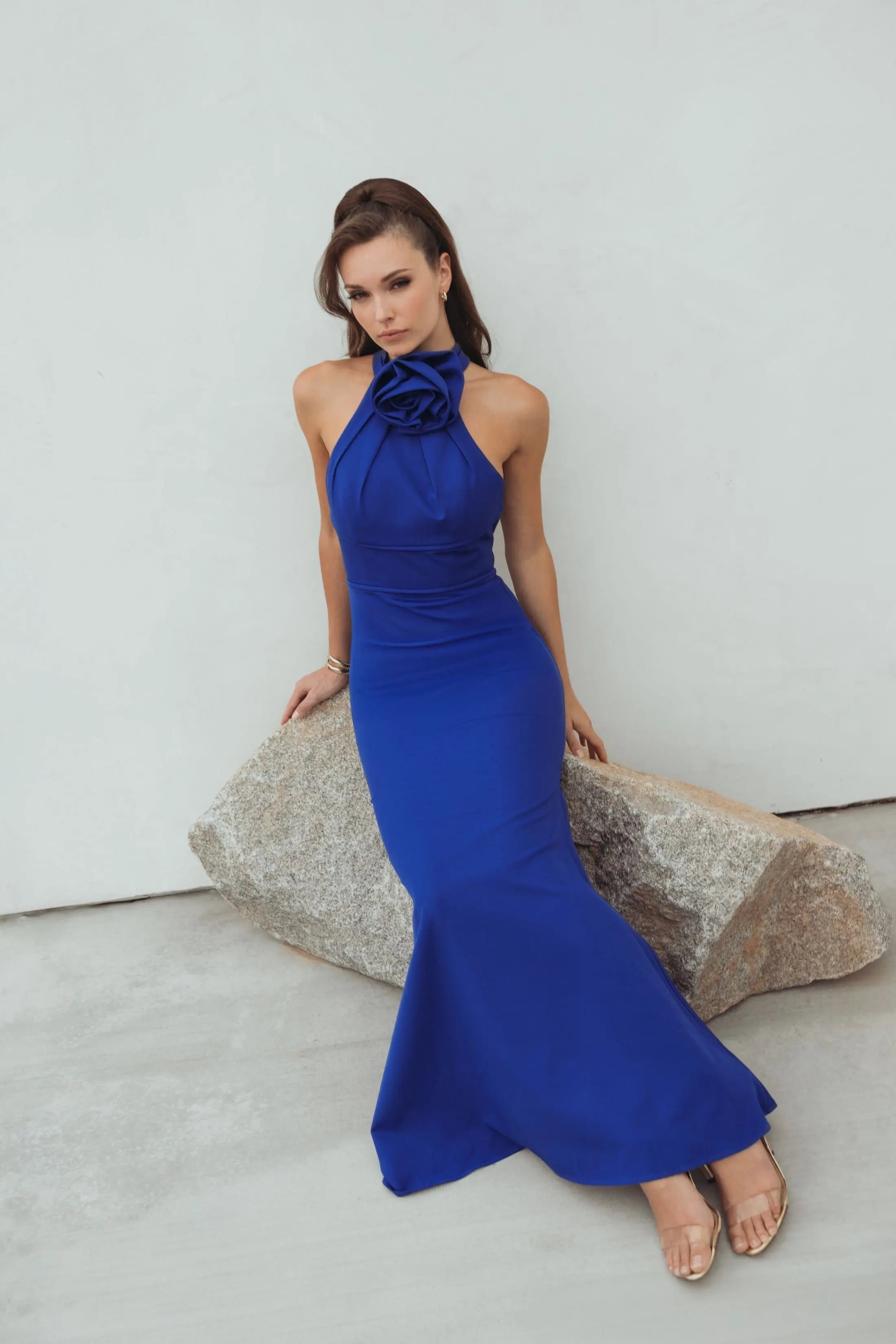 Blue Sleeveless Halter Neck Crepe Gown with Rosette Detail