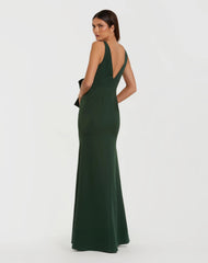 Green Crepe Sleeveless V-Neck Gown with Bow