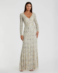 Silver Geometric Embellished Evening Gown