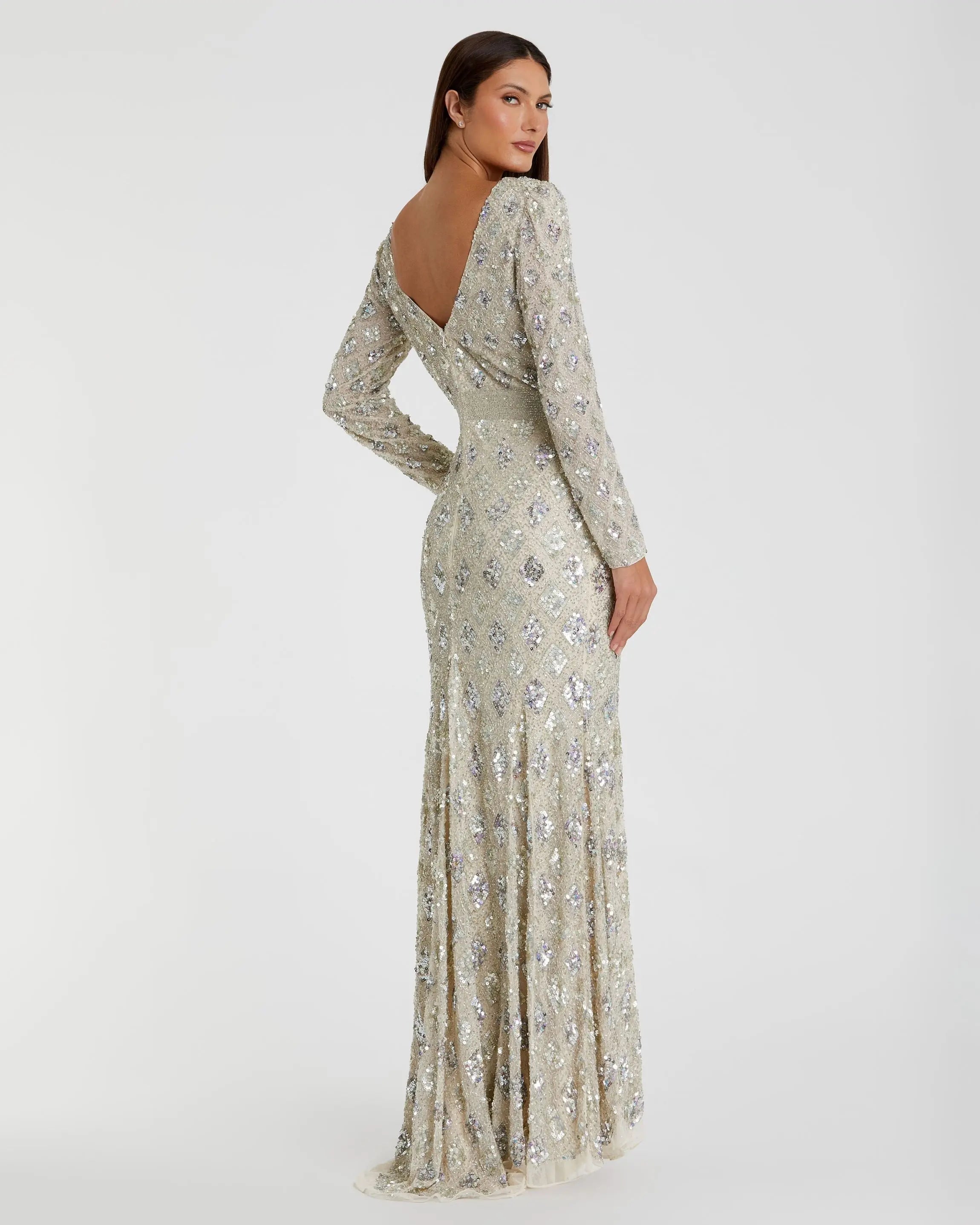 Silver Geometric Embellished Evening Gown