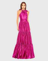 Pink Ruffle Tiered Soft Tie Halter Neck Gown