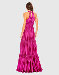Pink Ruffle Tiered Soft Tie Halter Neck Gown
