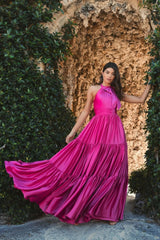 Pink Ruffle Tiered Soft Tie Halter Neck Gown